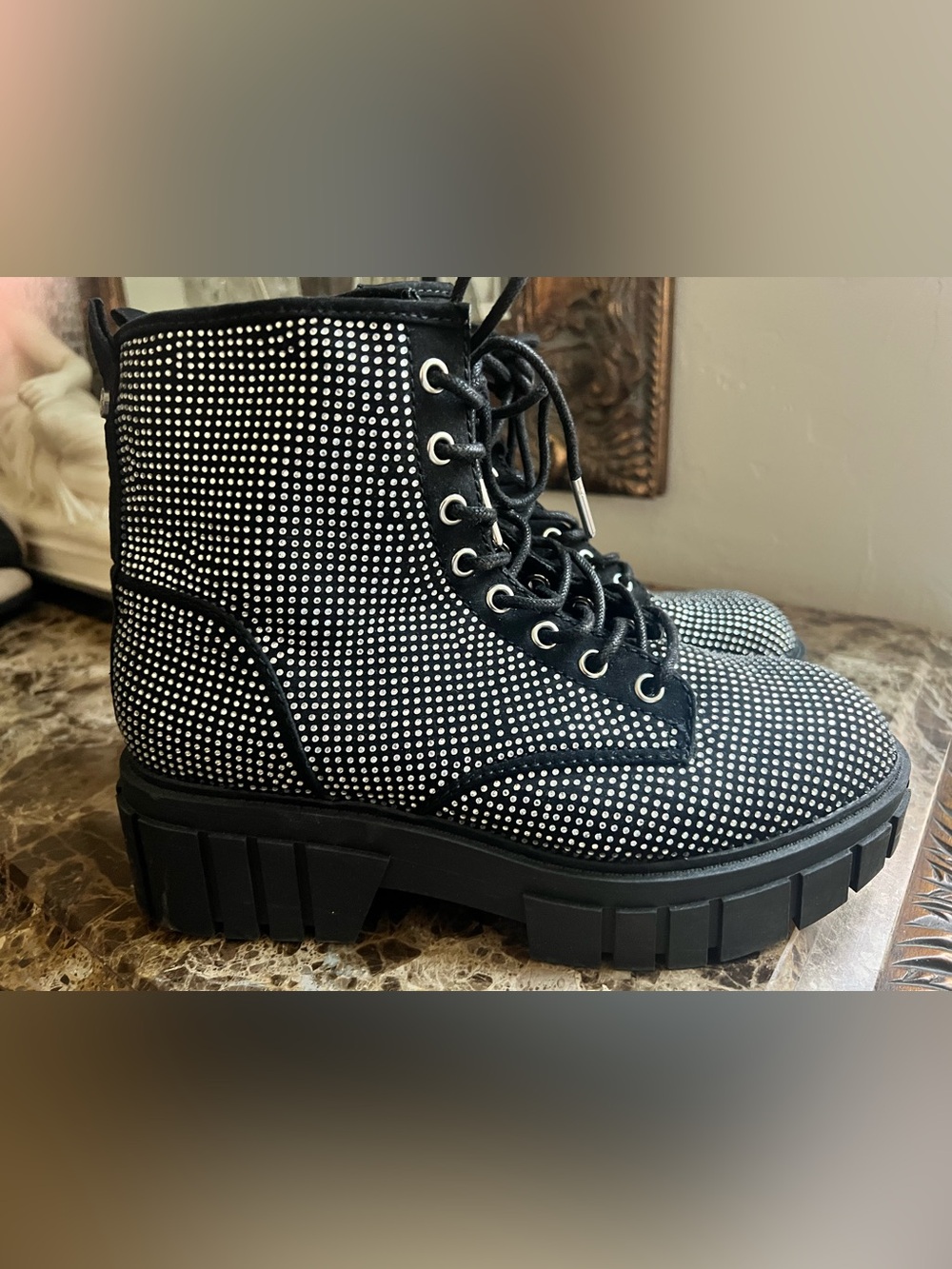 Black Studded Lace-Up Combat Boots for Women - Chunky Lug Sole
